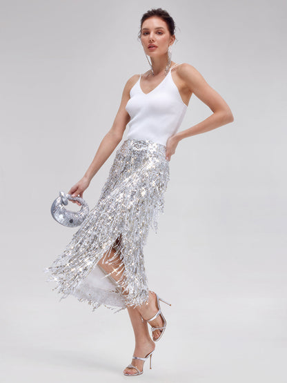 Tassel Sequin Midi Skirt