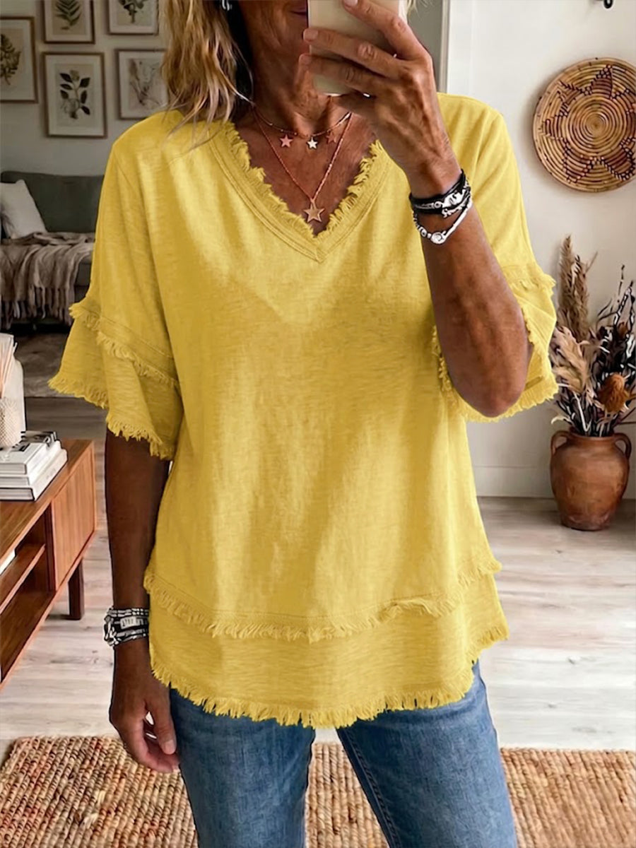 Women's Vintage Frayed V-Neck Linen Cotton Short Sleeve Top Casual Boho Summer Beach Vacation Outfit
