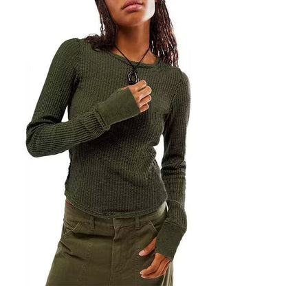 Women's Waffle Knit Tops Long Sleeve Shirts Casual Slim Fitted Crew Neck Pullover Shirts