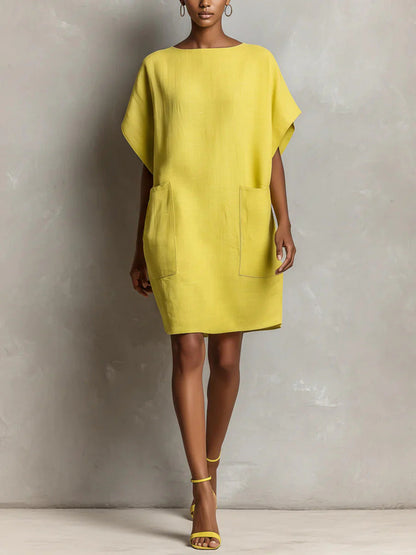 Women's Linen Blend Shift Dress Loose Fit Midi Dress with Pockets Casual Summer Vacation Outfit