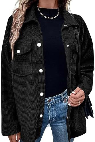 Astylish Damen Shacket-Jacke mit Waffelstrick, lang, übergroß, lässige Blusen, Button-Down-Kragen, elegante Hemden 