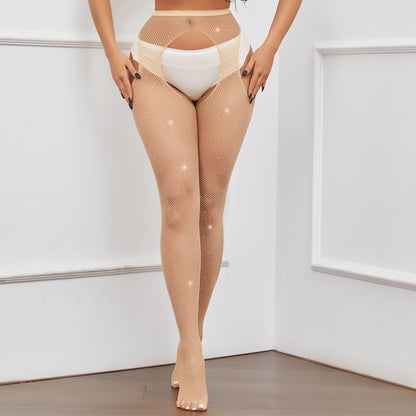 Sexy Fishnet Stockings with Rhinestones, Four-Sided Open Crotch, No-Need-to-Take-Off, Small Mesh Pantyhose, Hollow Out, Fine Mesh, Dense Base Layer, Women's Nightwear