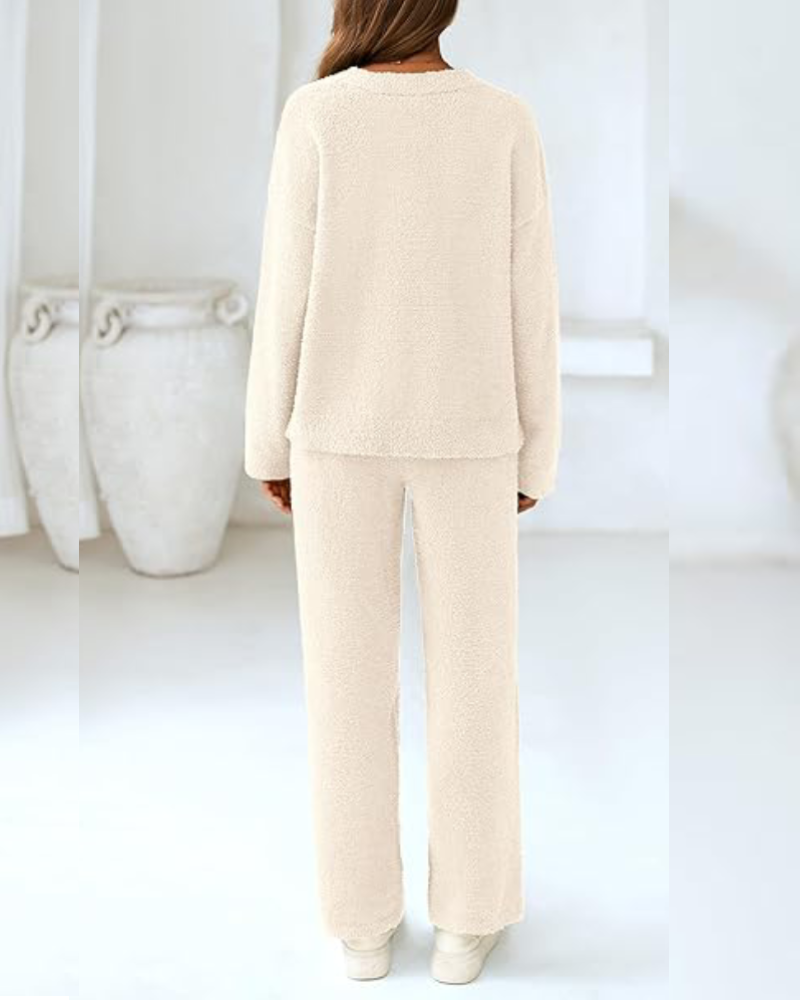 Soft Fuzzy V-Neck Loungewear Set – Cozy Two-Piece Pajama (S–3XL) - Seldom Seen Styles