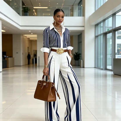 Women's Vertical Striped 2 Piece Outfit Button Down Shirt and Wide Leg Pants Set Casual Elegant Office Workwear Matching Set Blue Black S M L XL 2XL 3XL 4XL 5XL