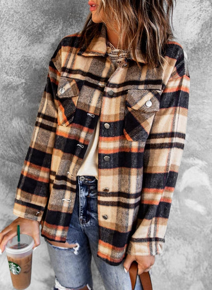 BTFBM Women Shacket Jacket Long Sleeve Button Down Casual Plaid Flannel Shirts Loose Fall Spring Blouses Tops