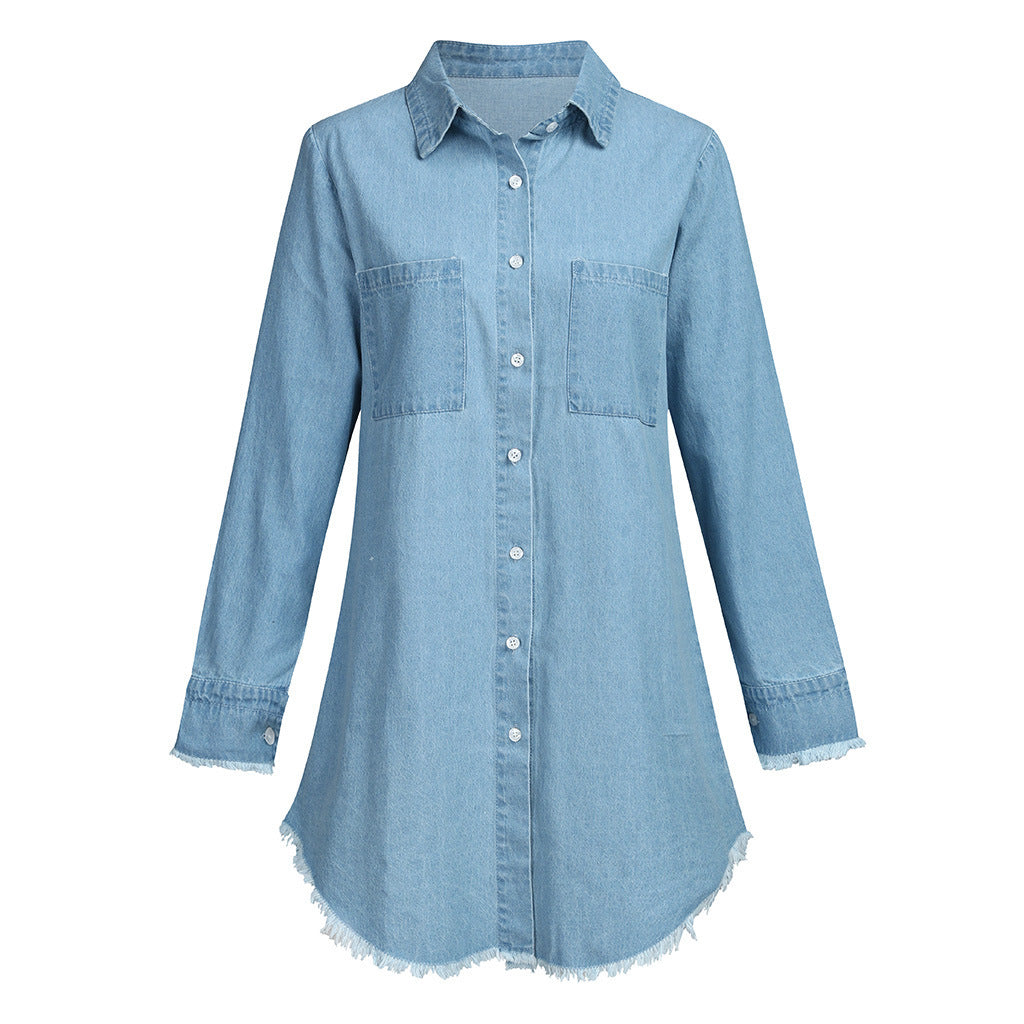 Women Denim Shirt Dresses Long Sleeve Distressed Jean Dress Button Down Casual Tunic Top