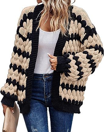 2024 Autumn and Winter Amazon New Lantern Sleeve Striped Loose Multicolor Twisted Knitted Winter Sweater Coat