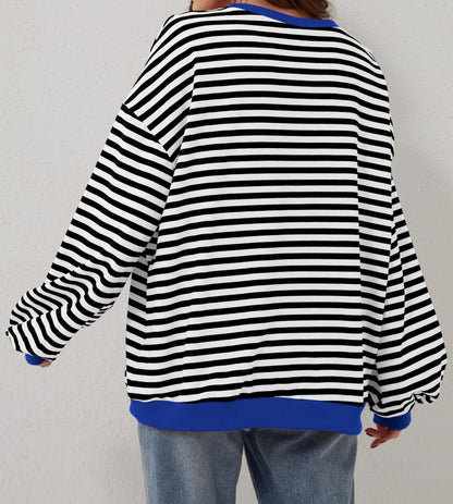 Womens Striped Oversized Sweatshirt Color Block Crew Neck Long Sleeve Casual Loose Pullover Top Y2K Clothes