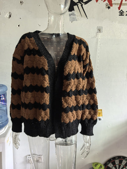 Twisted Knitted Winter Sweater Coat Autumn  Winter  New Lantern Sleeve Striped Loose Multicolor