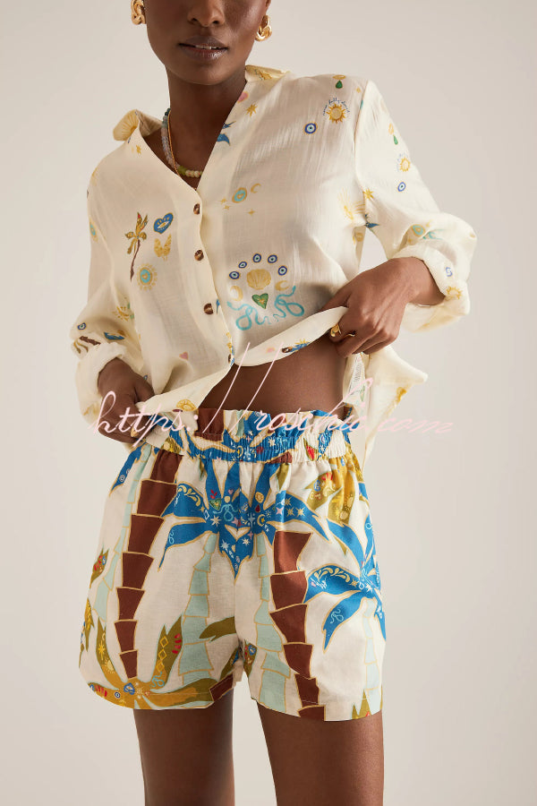 Linen Blend Summer Printed Collared Long-sleeved Shirt and Elastic Waist Pocket Casual Shorts Set - Seldom Seen Styles