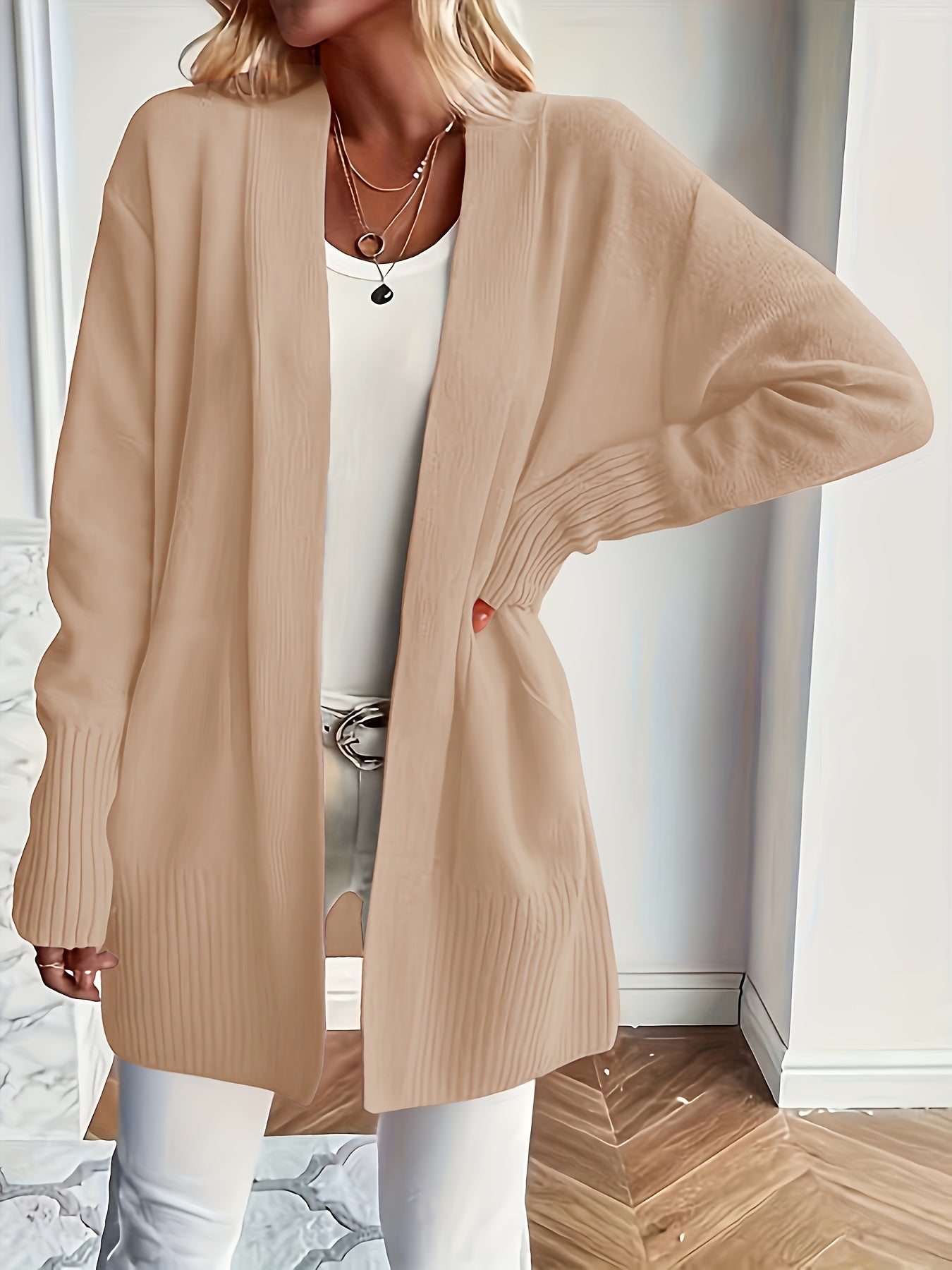 Chic Long Sleeve Knit Cardigan - Cozy Pockets & Open Front - Versatile for Casual Wear, Women's Apparel