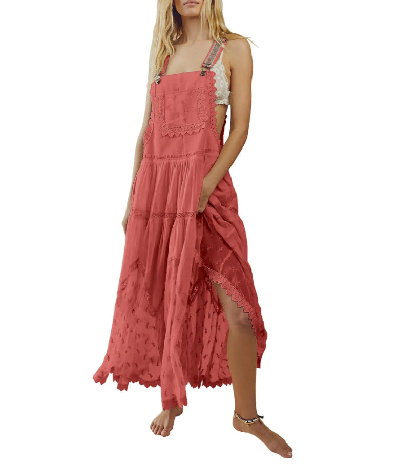 Women's Summer Laced Embroidered Tulle Bib Beachwear Dress Casual Comfortable Loose Adjustable Straps Maxi Dress Fabric Womenswear - Seldom Seen Styles