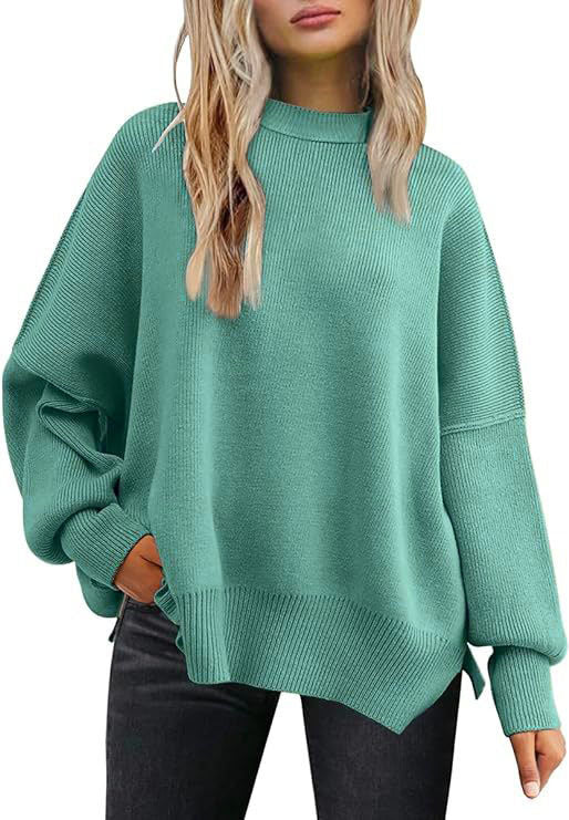 Women's Oversized Batwing Sweaters 2024 Fall Outfits Crewneck Ribbed Knit Side Slit Trendy Pullover Tops