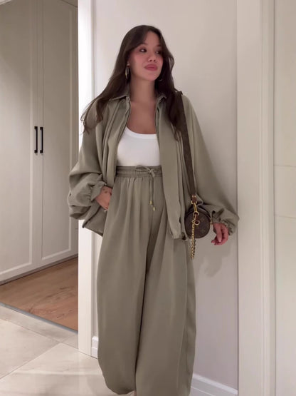 Women's 2 Piece Outfits Oversized Fleece Sweatsuit Zip Up Long Sleeve Sweatshirt with Wide Leg Sweatpants