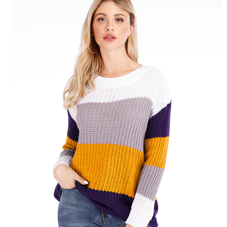 Cross-Border2024Autumn and Winter Amazon New Contrast Color Striped Pullover Women's Loose plus Size Rainbow Sweater Women's