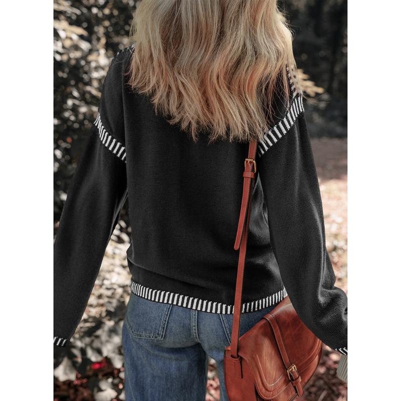 Sweaters for Women Fashion Solid Crewneck Loose Fit Long Sleeve Contrast Cable Knit Pullover Sweater Jumper Tops Knitwear Womenswear Knitwear Womenswear - Seldom Seen Styles