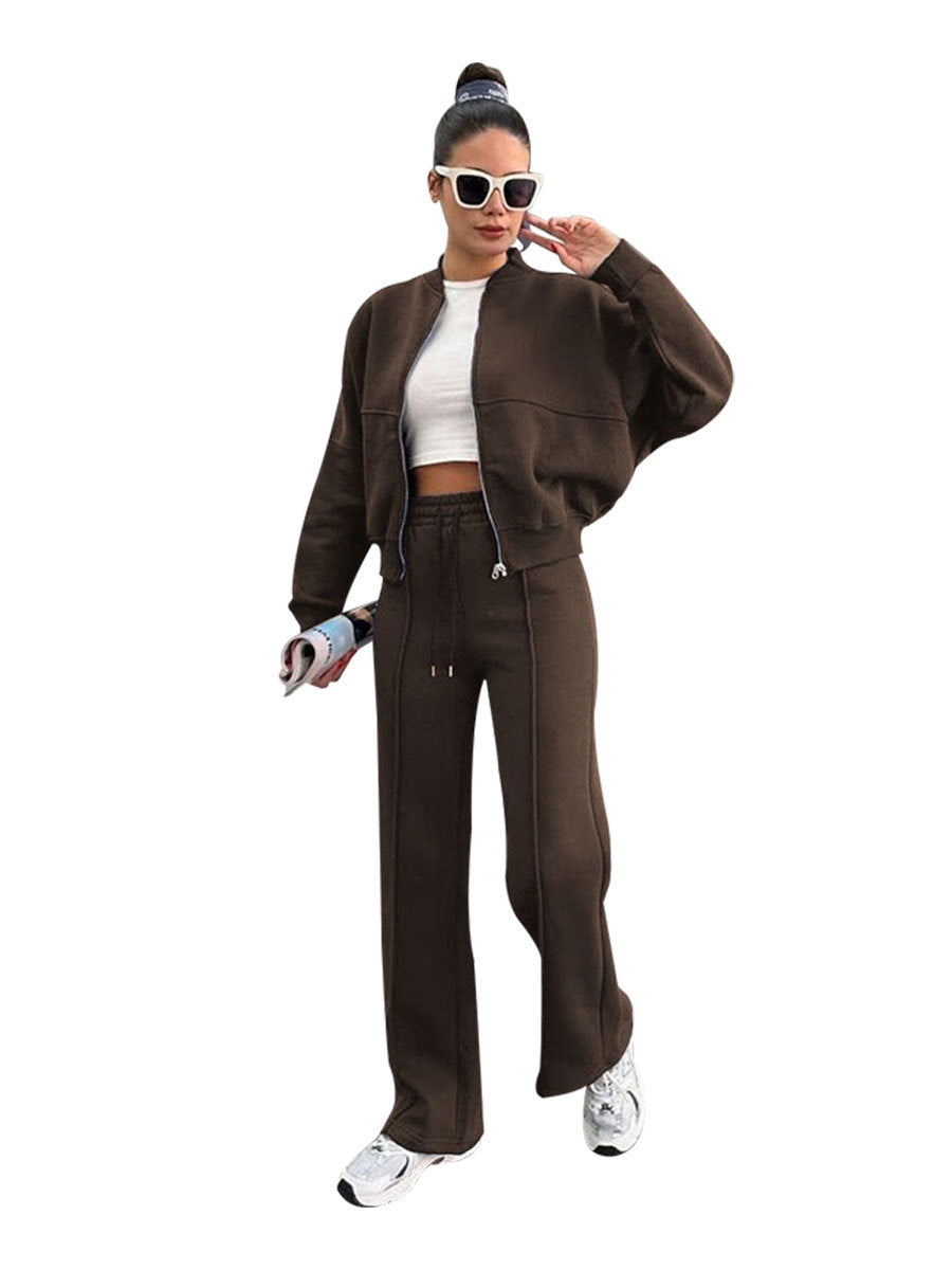 Women's Solid Zip Up Crop Jacket & Drawstring Waist Pants Two-piece Set, Casual Fashion Drop Shoulder Long Sleeve Top & High Waist Trousers Womenswear Suits for Outdoor Wear, Women's Clothing for Spring & Fall 90s Clothes - Seldom Seen Styles