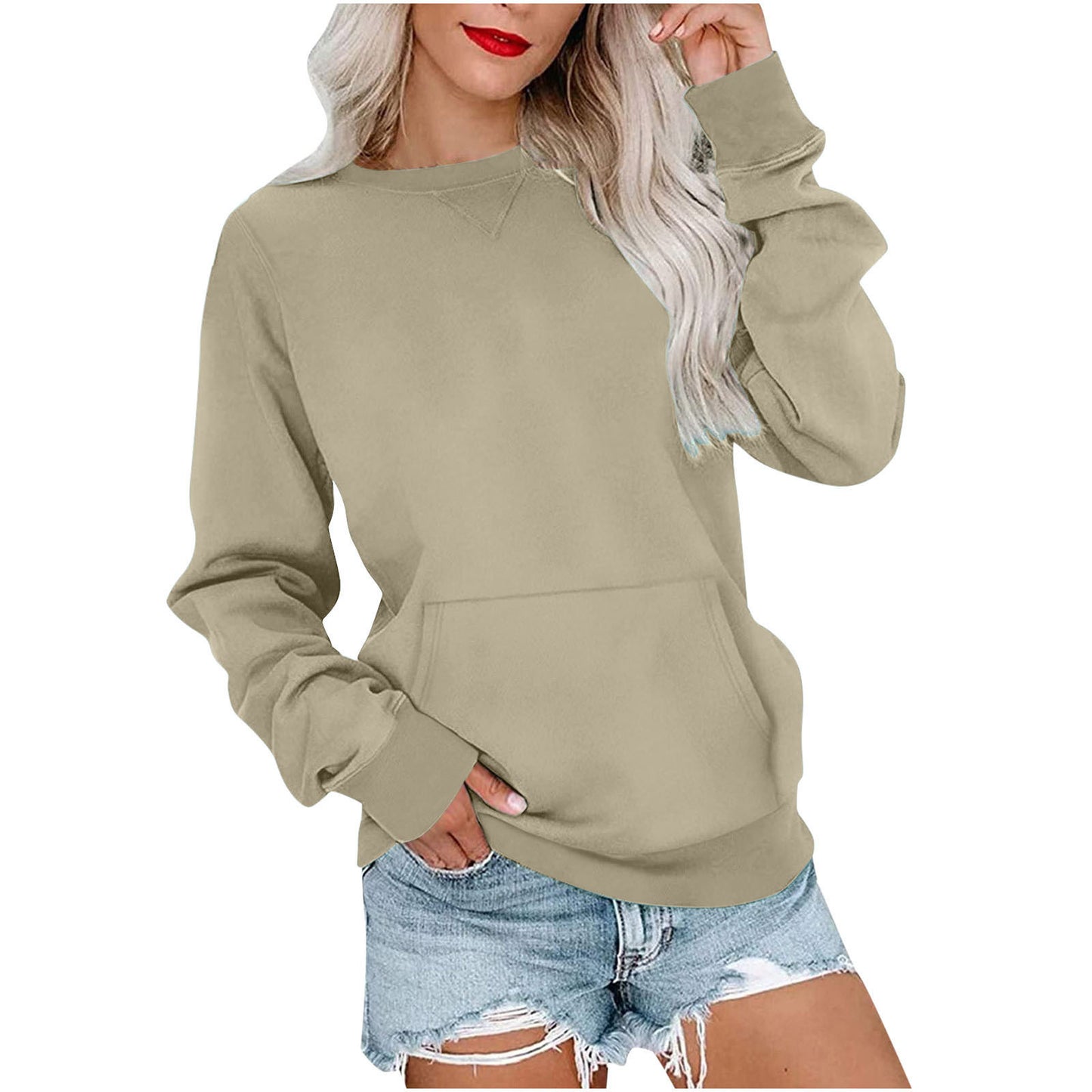 Women's Crewneck Hoodless Sweatshirt With Kangaroo Pocket Fleece Longsleeve Oversized Casual Style Shirt Lightweight Pullover - Seldom Seen Styles