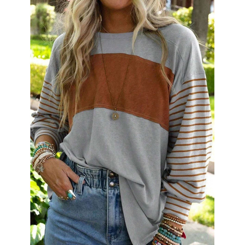 Long Sleeve Fall Tops Oversized 2025 Trendy Round Crew Neck Casual Color Block Womens Shirts Blouses - Seldom Seen Styles