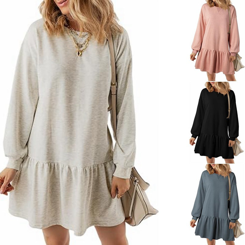 Womens 2024 Fall Long Sleeve Pullover Tops Crewneck Rib Knit Patchwork Sweatshirt Dress Casual Mini Dresses