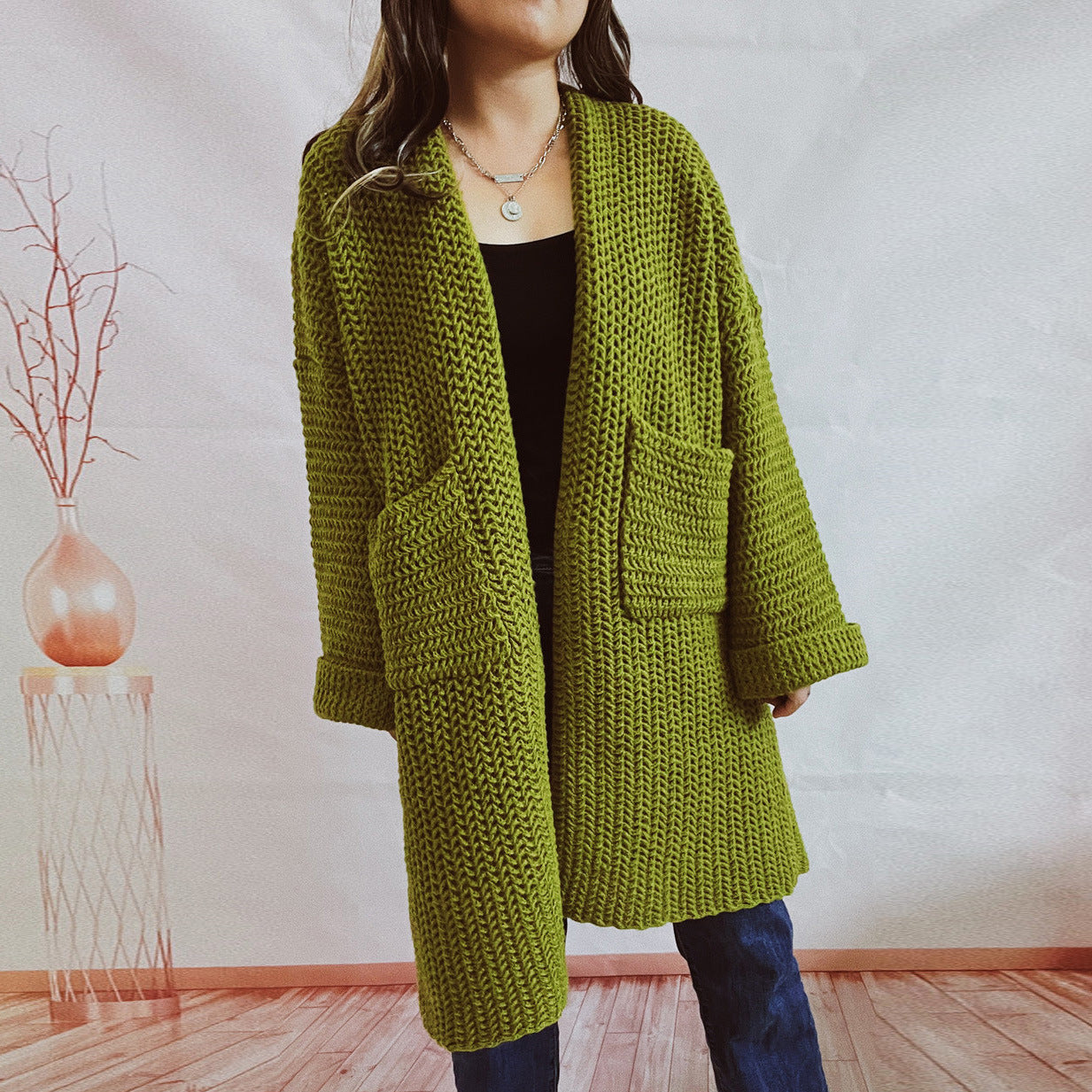 2024Cross-Border Amazon Autumn and Winter New Loose Solid Color Large Pocket Thickened Long Knitted Cardigan Sweater Coat