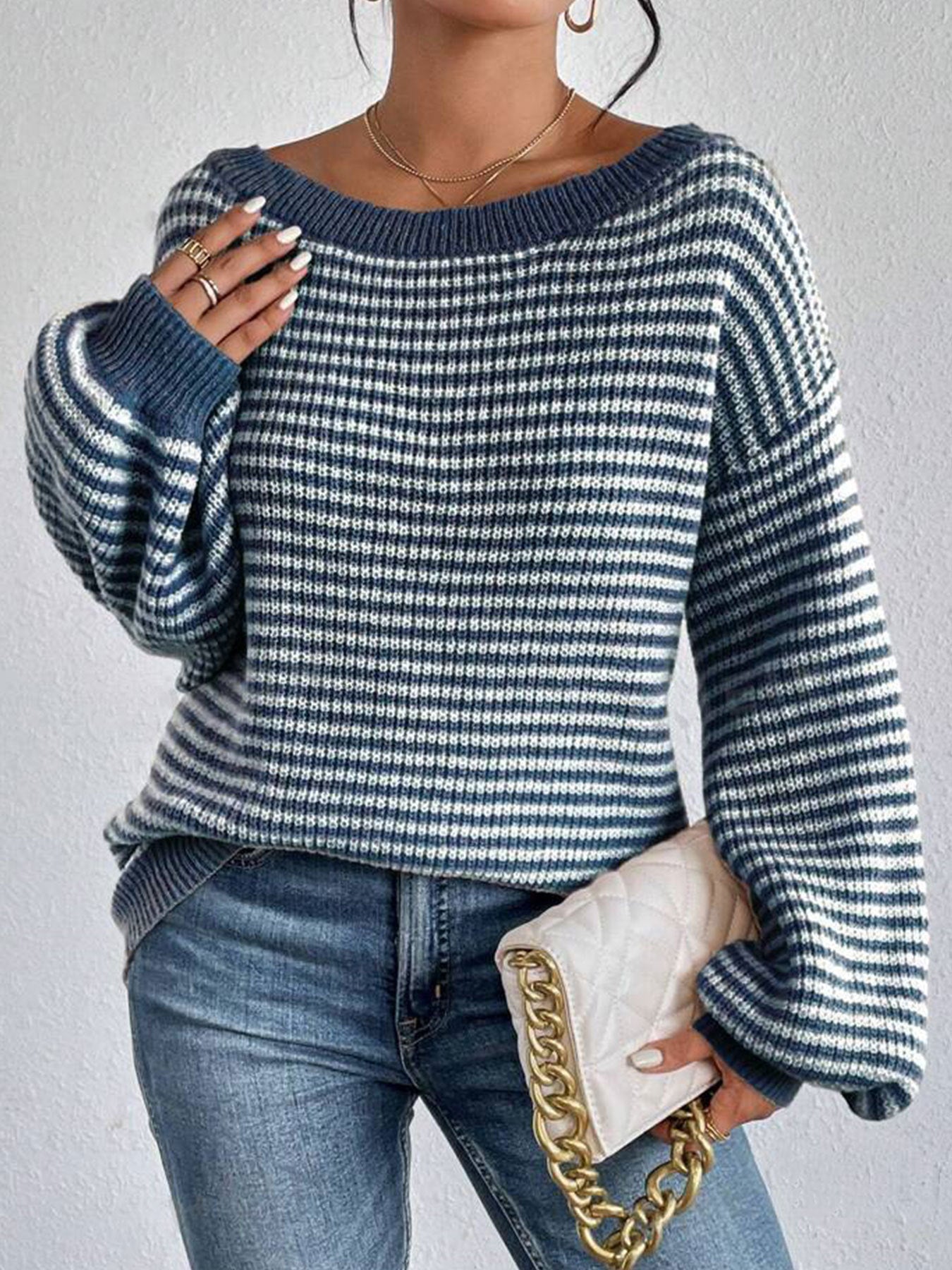 Women's Striped Drop Shoulder Sweater, Y2k Casual Bishop Sleeve Boat Neck Jumper Tops for Daily Outdoor Wear Back To School, Sweaters for Women, Ladies Knitwear for Fall, Fall Outfits, Fallfreshness, Preppy 80s Clothes - Seldom Seen Styles