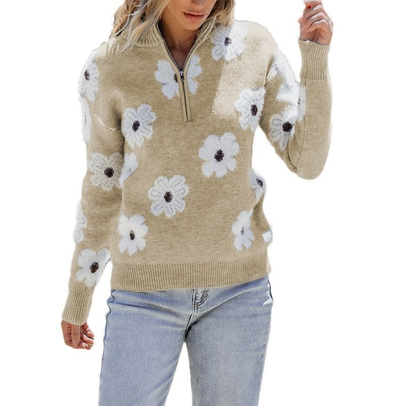 Hot Sale Autumn New Drop Shoulder Sweater Female  Fashion All-Match Flower Printed Long-Sleeved Top