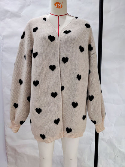 Long Heart Jacquard Sweater  Cardigan Fashion All-Match Casual Sweater Coat for Women