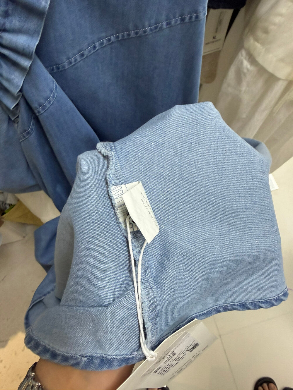 Women's Denim Sleeveless Diagonal Ruffle Trim A-Line Maxi Dress Drawstring Detail Light Blue Dark Navy One Size NNY with Free Bag - Seldom Seen Styles