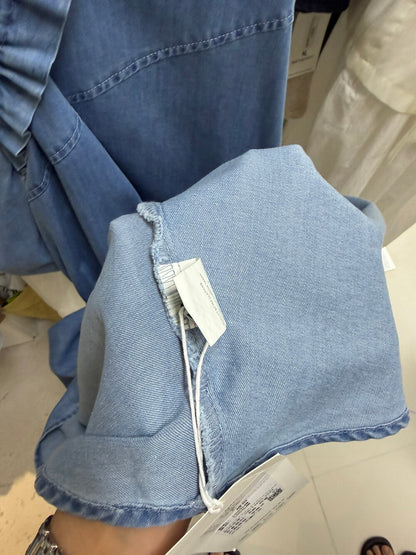 Women's Denim Sleeveless Diagonal Ruffle Trim A-Line Maxi Dress Drawstring Detail Light Blue Dark Navy One Size NNY with Free Bag