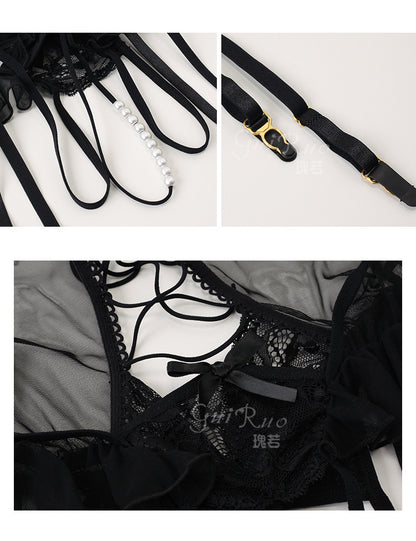 Wunderschöner, sexy Netzstoff, schmal geschnittener Body zum Binden, offener Schritt, Versuchung, reine Lust, erotische Dessous, Uniform-Set