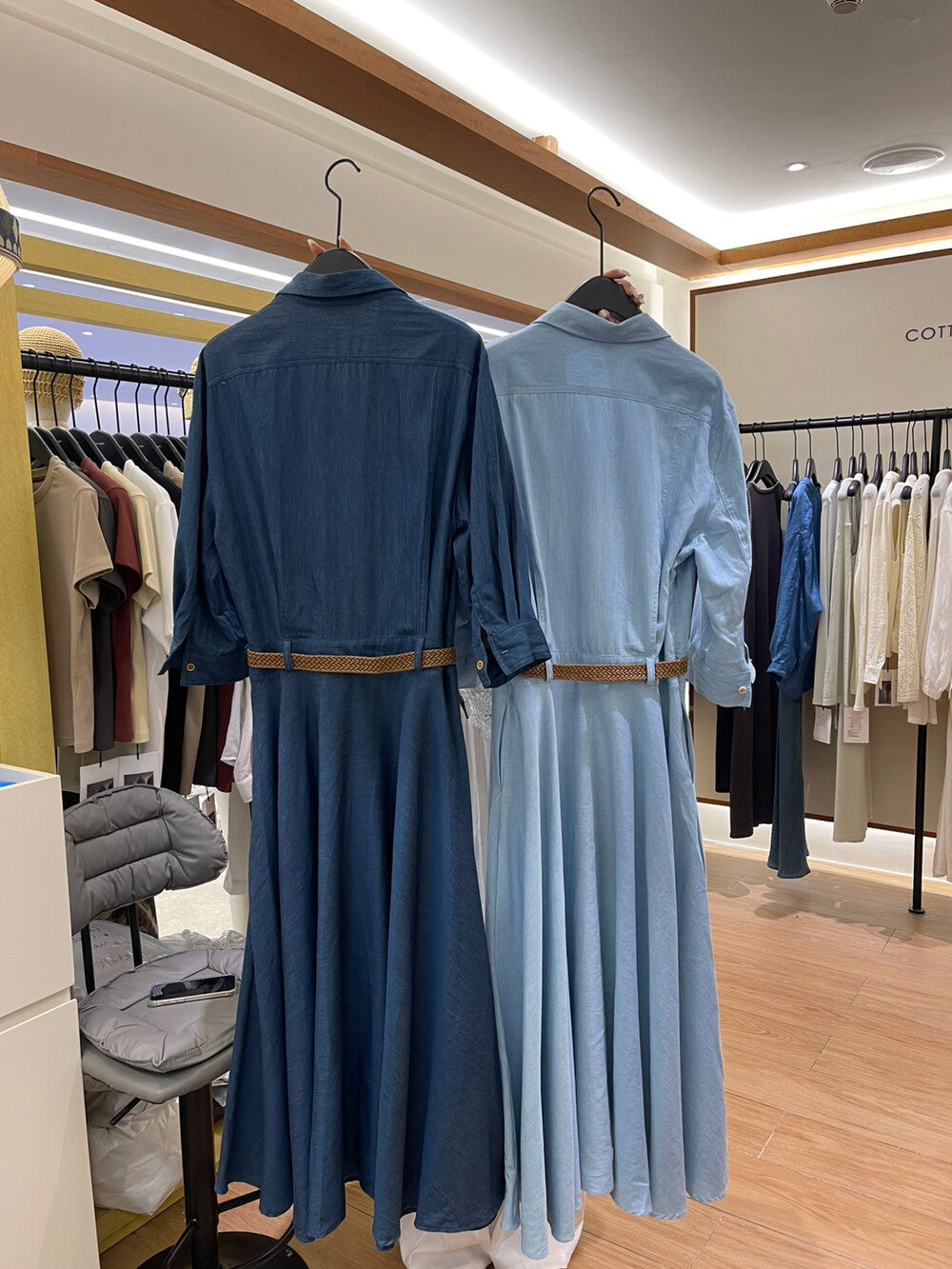 Women's Denim Short Sleeve Lapel Collar Gold Button Belted A-Line Maxi Dress Dual Chest Pockets with Free Braided Belt Dark Blue Light Blue S M Cotton Candy 288563 - Seldom Seen Styles