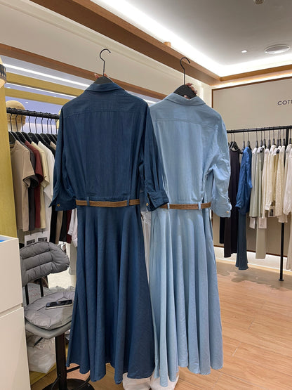 Women's Denim Short Sleeve Lapel Collar Gold Button Belted A-Line Maxi Dress Dual Chest Pockets with Free Braided Belt Dark Blue Light Blue S M Cotton Candy 288563