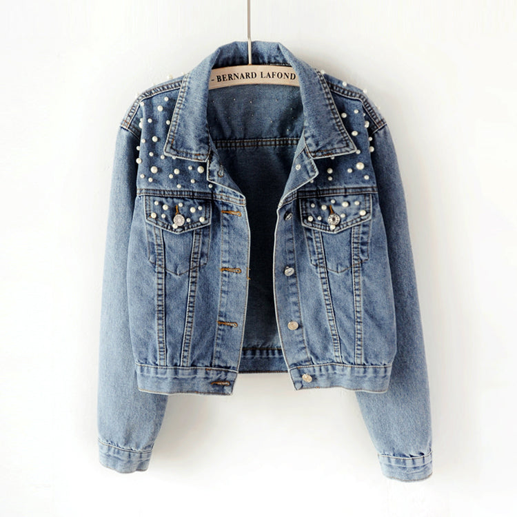 Women's Fashion Loose Embroidered Pearls Beading Cropped Denim Jacket Jean Coat - Seldom Seen Styles