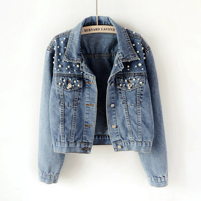 Women's Fashion Loose Embroidered Pearls Beading Cropped Denim Jacket Jean Coat