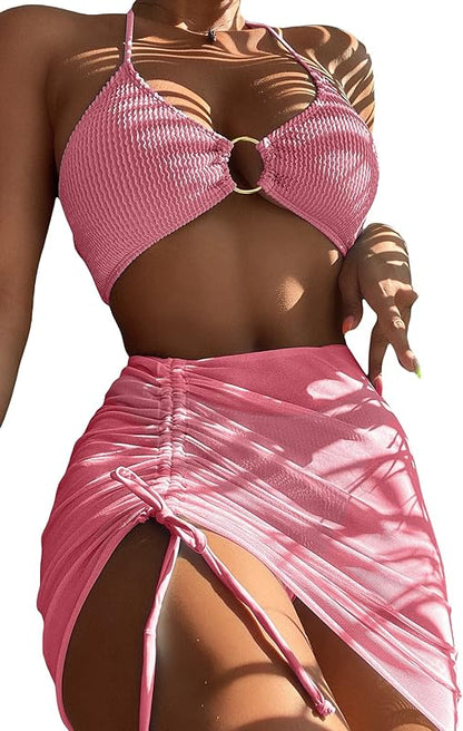 Women's 3 Piece Bathing Suits Halter Ring Bikini Set with Cover Up Skirts - Seldom Seen Styles