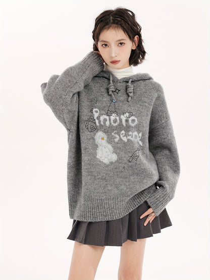 Cozy Gray Hooded Knit Sweater For Women - Cute Cartoon Design, Thick & Warm Pullover For Fall/Winter