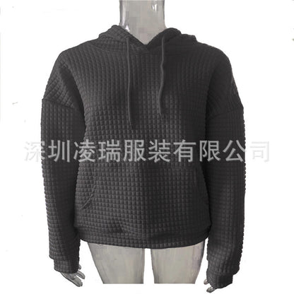 Womens Hoodies Casual Long Sleeve Drawstring Waffle Pullover Tops Loose Hooded Sweatshirt with Pocket