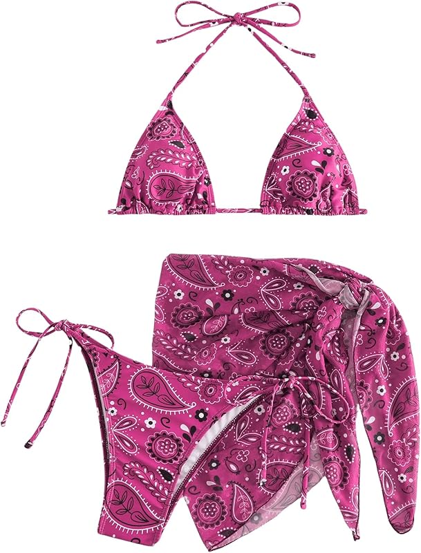 Bikini Sets for Women Paisley Print Halter Triangle Bathing Suit 3 Piece Swimsuit with Sarong Cover Up - Seldom Seen Styles