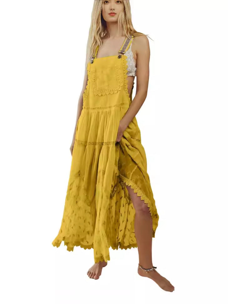 Women's Summer Laced Embroidered Tulle Bib Beachwear Dress Casual Comfortable Loose Adjustable Straps Maxi Dress Fabric Womenswear - Seldom Seen Styles