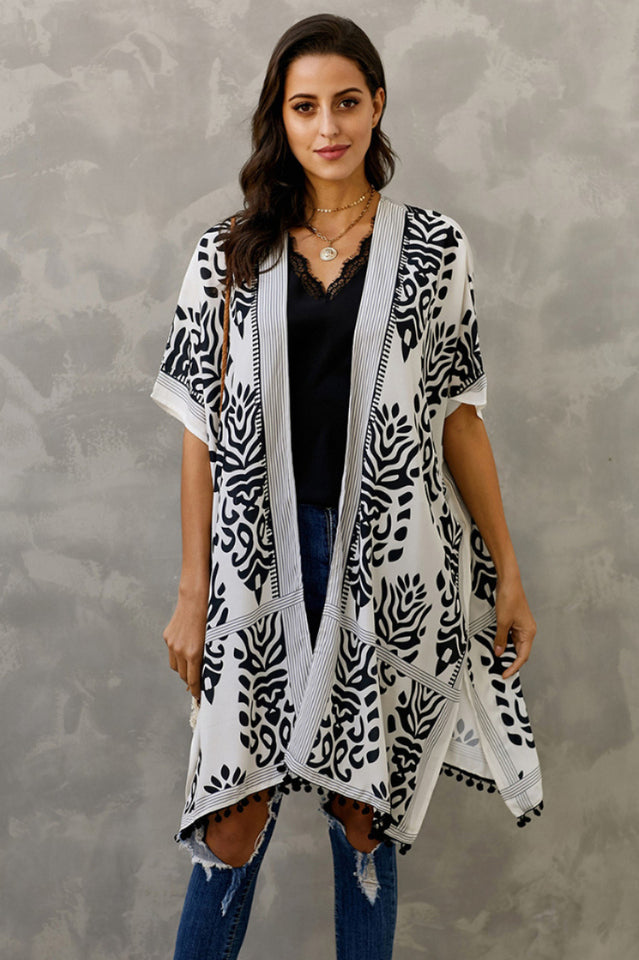 Seaside Resort Cardigan Printed Pompom Kimono - Seldom Seen Styles