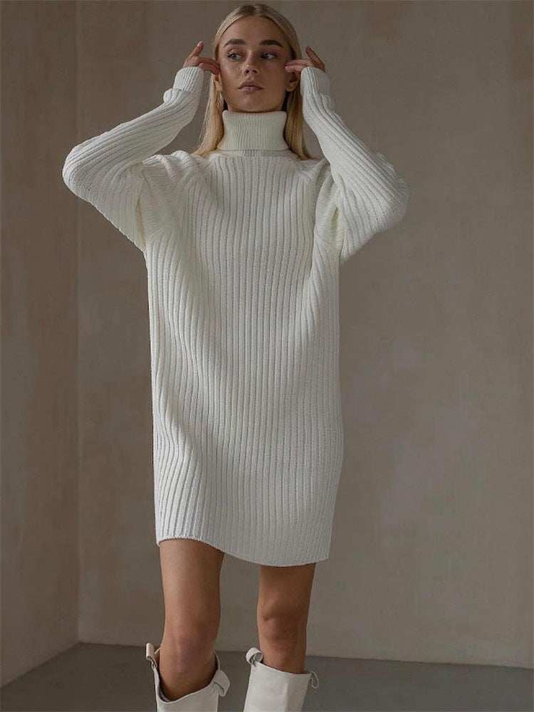 Long Sleeve High Collar Sweater Dress Women Casual Loose Thick Sunken Stripe Solid Color Sheath 2023 Autumn and Winter Knitting Dress