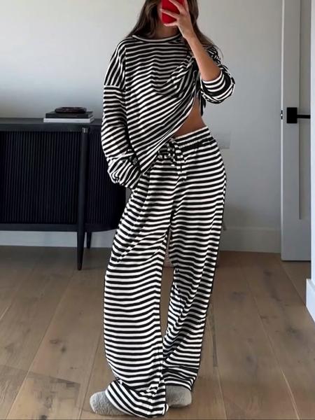 Women's Casual Striped Long Sleeve Top & Pants Set, Comfortable Loose-Fitting Home Wear, Fashionable Two-Piece for Daily Use - Seldom Seen Styles