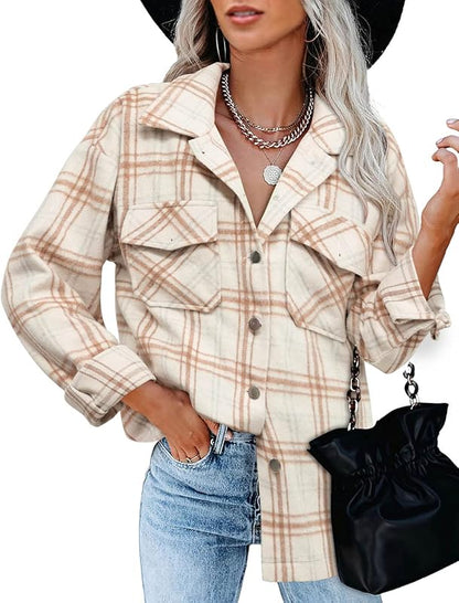 BTFBM Women Shacket Jacket Long Sleeve Button Down Casual Plaid Flannel Shirts Loose Fall Spring Blouses Tops