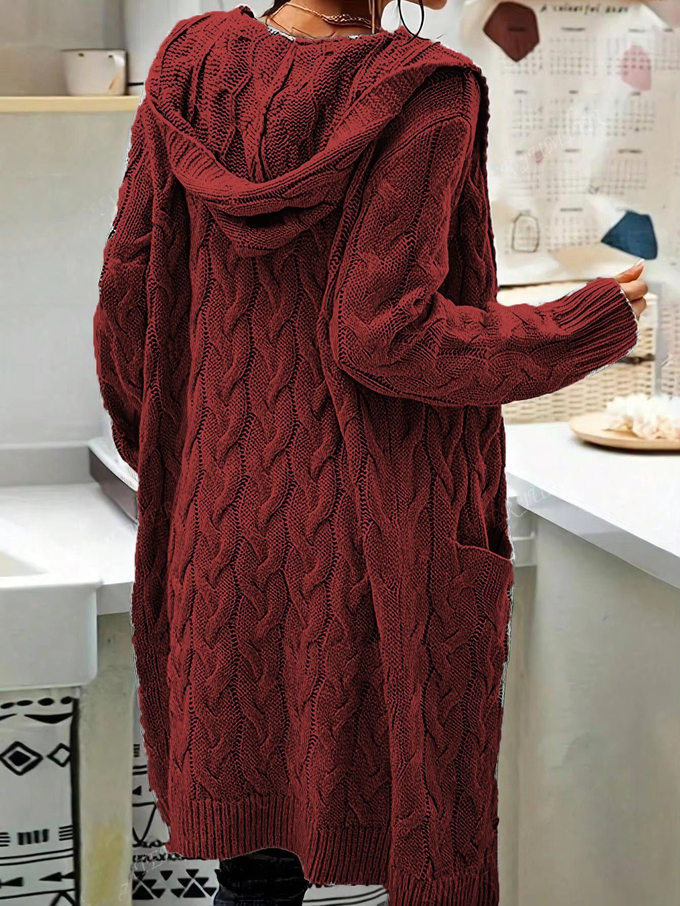 Women's Pocket Drop Shoulder Cardigan, Hooded Long Sleeve Warm Top, Casual Textured Knit Open Front Cable Outwear, Sweaters for Women