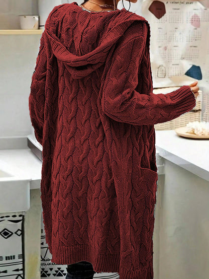 Women's Pocket Drop Shoulder Cardigan, Hooded Long Sleeve Warm Top, Casual Textured Knit Open Front Cable Outwear, Sweaters for Women