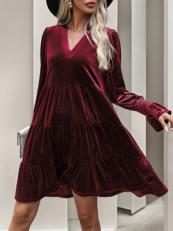 A-Line Long Sleeves Pleated Solid Color Velvet V-Neck Mini Dresses - Seldom Seen Styles