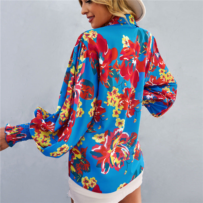 European and american hot2024eBay Amazon Spring Long-Sleeved Versatile Top Fashion Lantern Sleeve Women's Printed Wear Shirt