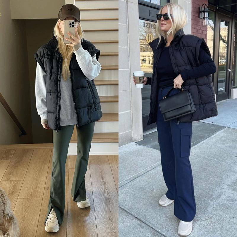 Women's Winter Oversized Puffer Vest Lightweight Stand Collar Flysleeve Insulated Padded Puffy Jackets Coat with Pockets Outerwear Casual Zipper Tops Black Fitted Minimalist - Seldom Seen Styles