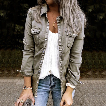 Women Button Down Denim Shirt Chambray Snap Buttons Lightweight Utility Anorak Military Jacket Coat 2025